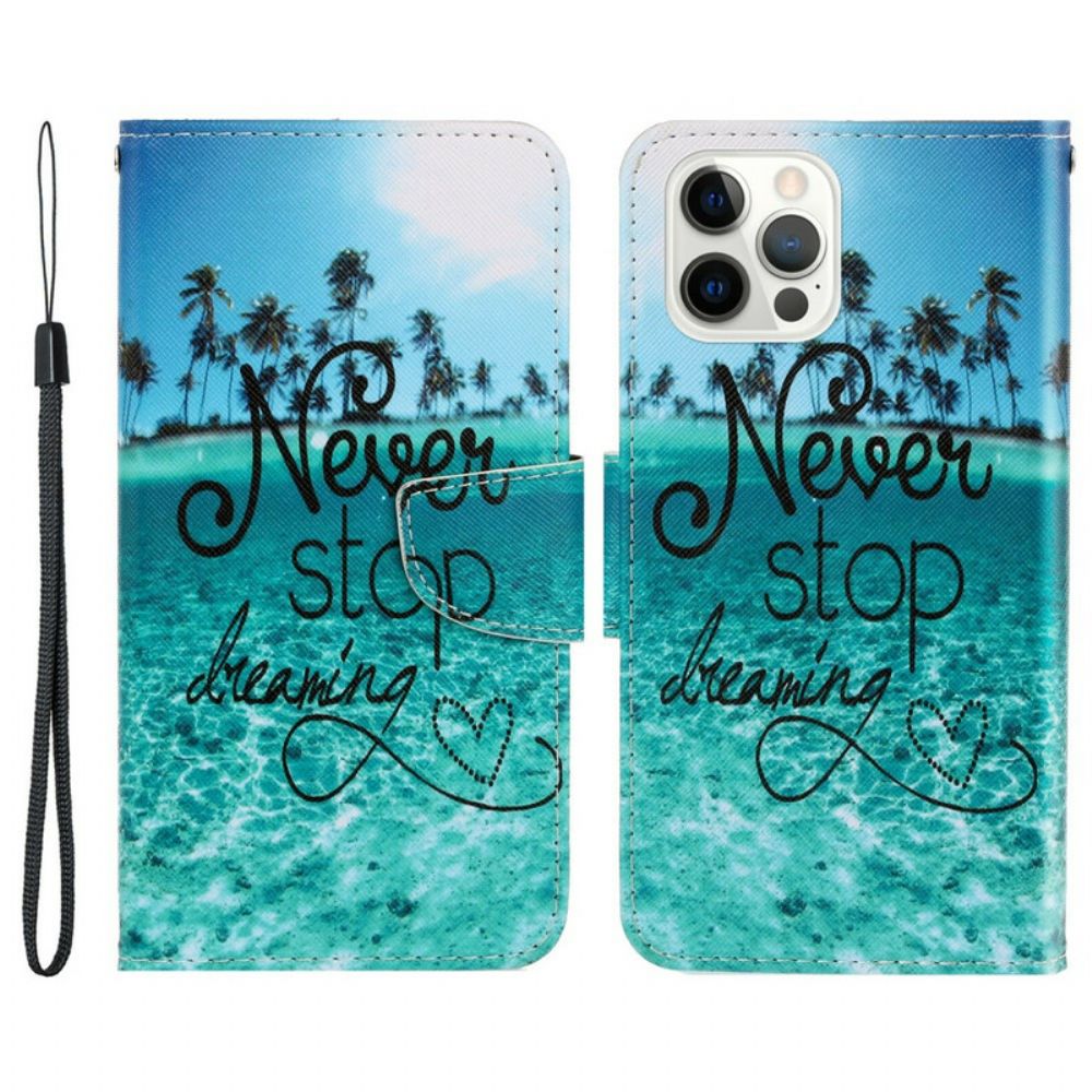 Leren Hoesje voor iPhone 13 Pro Met Ketting Nooit Stoppen Met Dromen Marineblauwe Strappy