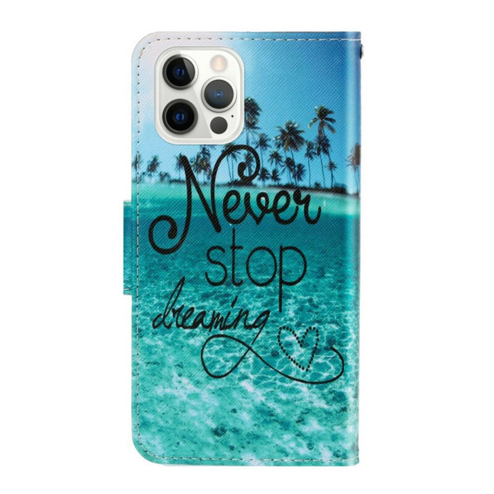 Leren Hoesje voor iPhone 13 Pro Met Ketting Nooit Stoppen Met Dromen Marineblauwe Strappy