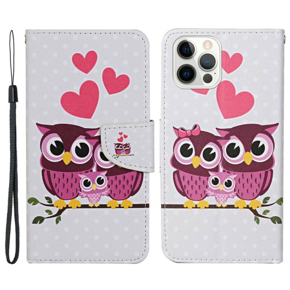 Leren Hoesje voor iPhone 13 Pro Uil Familie Met Lanyard