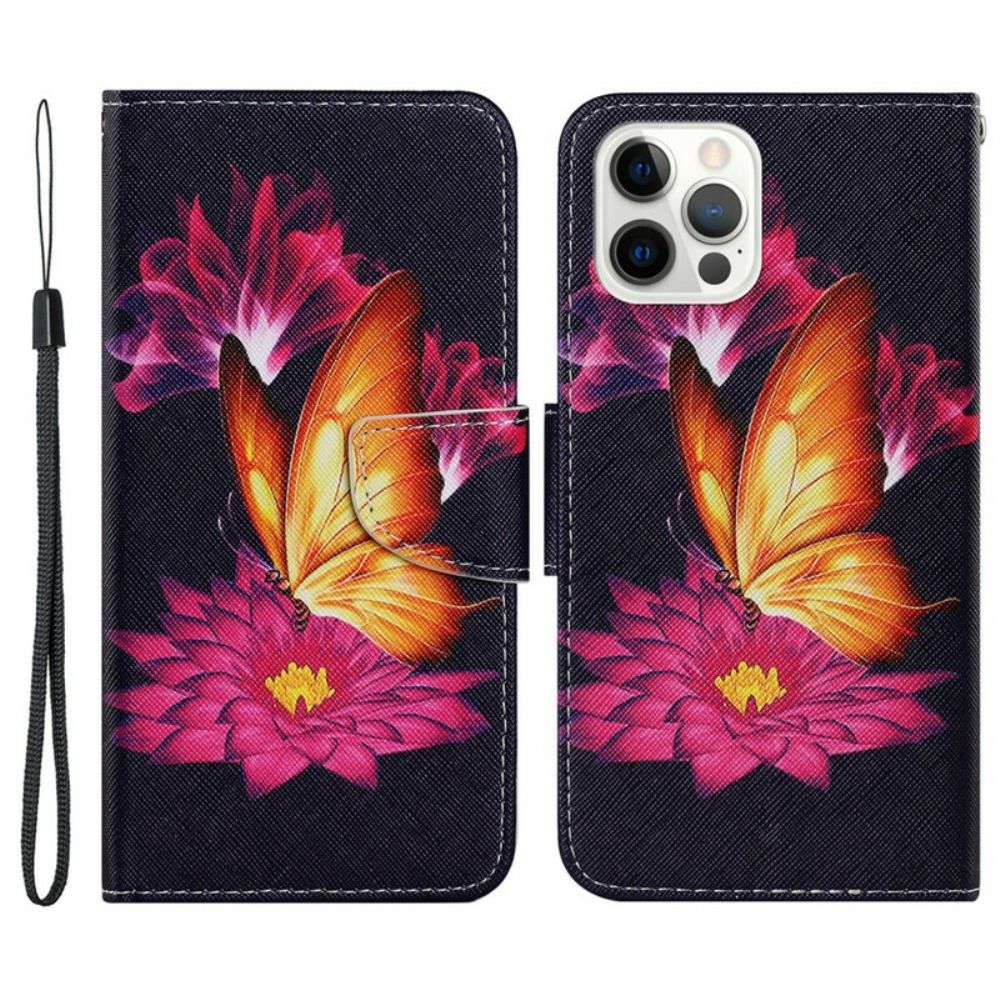 Leren Hoesje voor iPhone 13 Pro Vlinder En Lotus