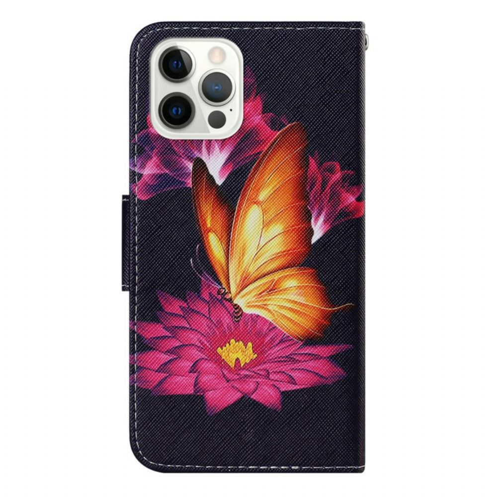 Leren Hoesje voor iPhone 13 Pro Vlinder En Lotus