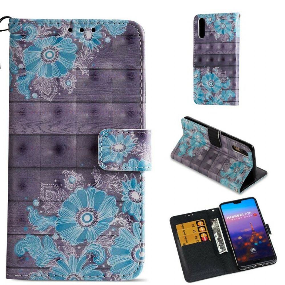 Leren Hoesje voor Huawei P20 3d Blauwe Bloemen