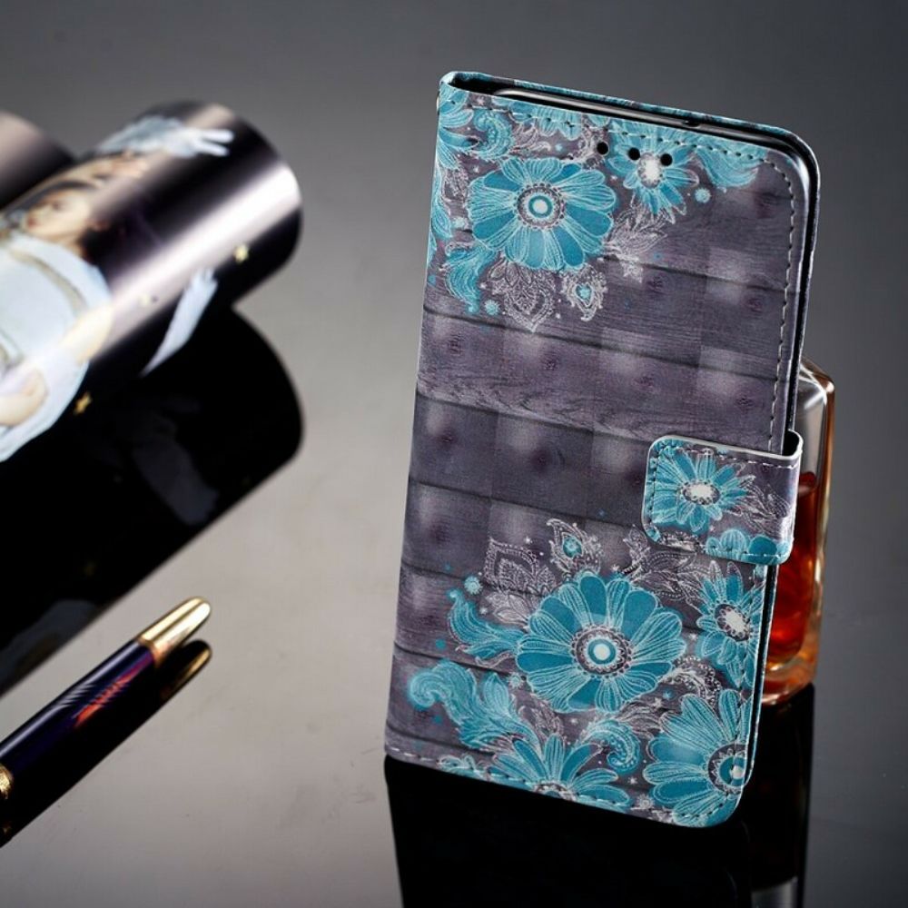 Leren Hoesje voor Huawei P20 3d Blauwe Bloemen