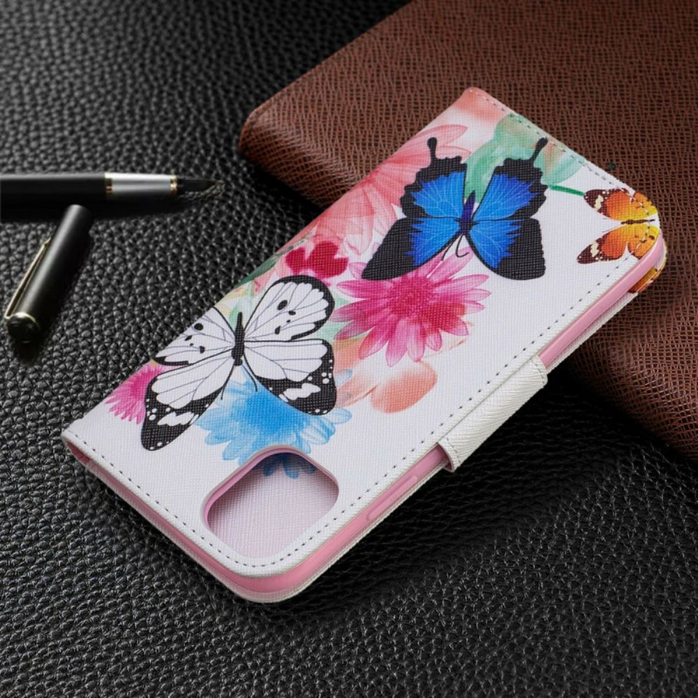 Folio-hoesje voor iPhone 11 Geschilderde Vlinders En Bloemen