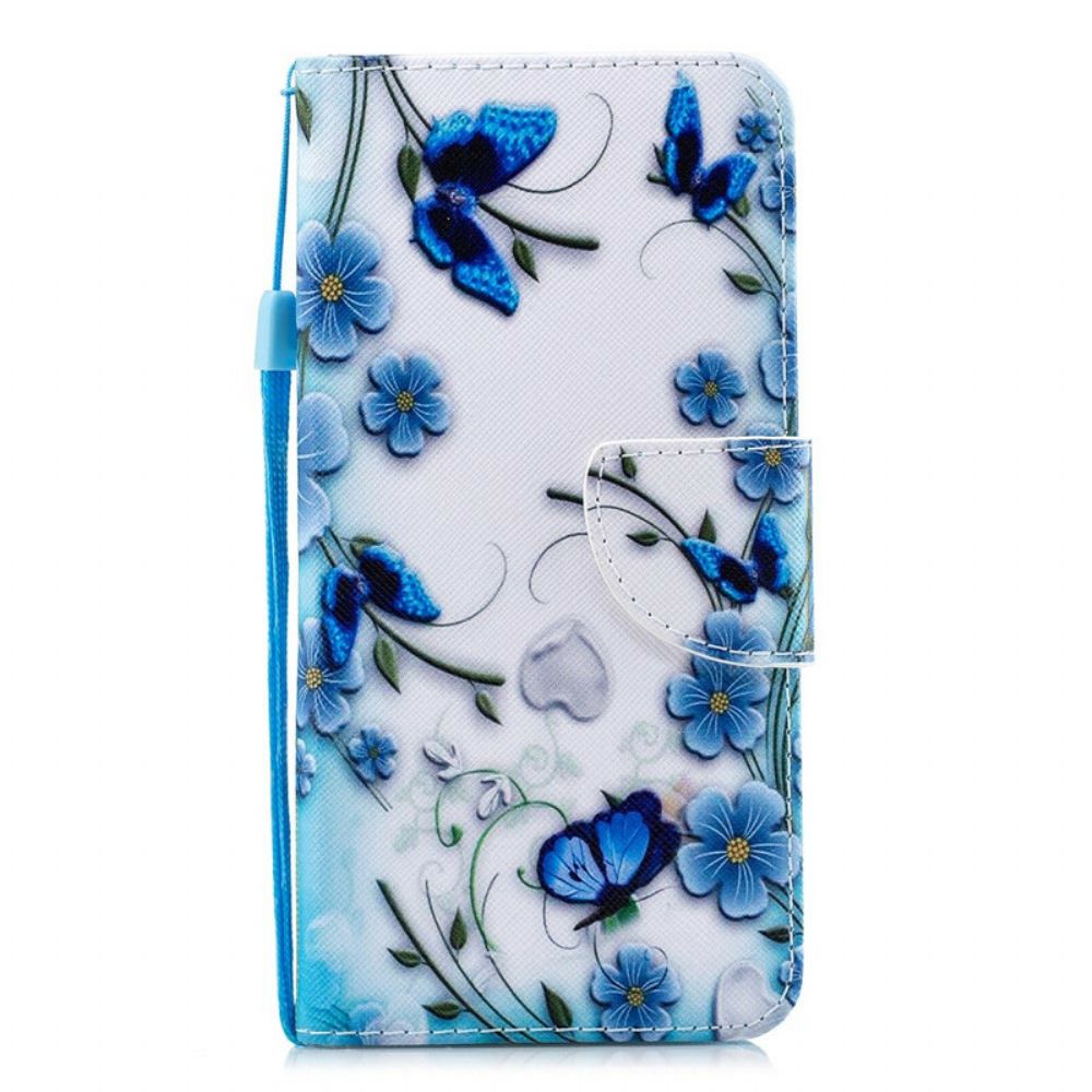 Folio-hoesje voor iPhone 11 Met Ketting Blauwe Vlinders En Bloemen Met Band