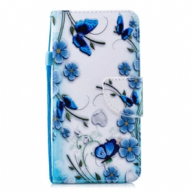 Folio-hoesje voor iPhone 11 Met Ketting Blauwe Vlinders En Bloemen Met Band