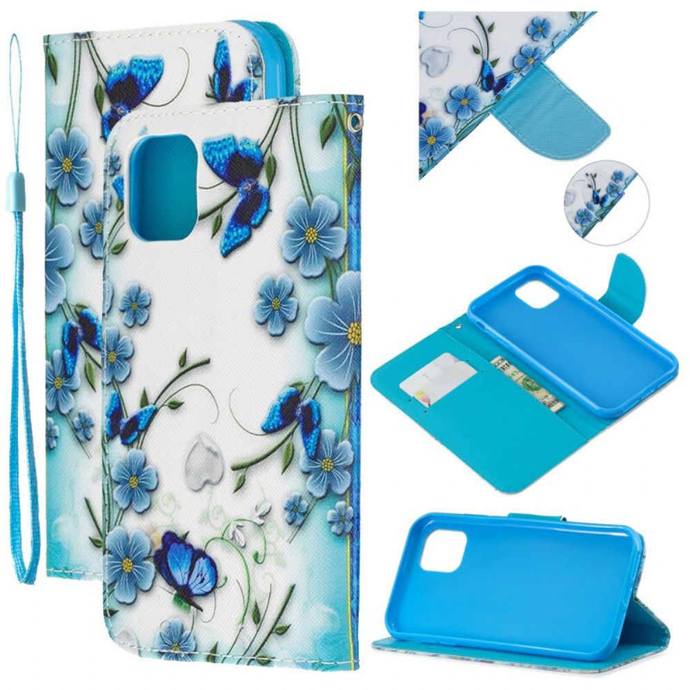 Folio-hoesje voor iPhone 11 Met Ketting Blauwe Vlinders En Bloemen Met Band