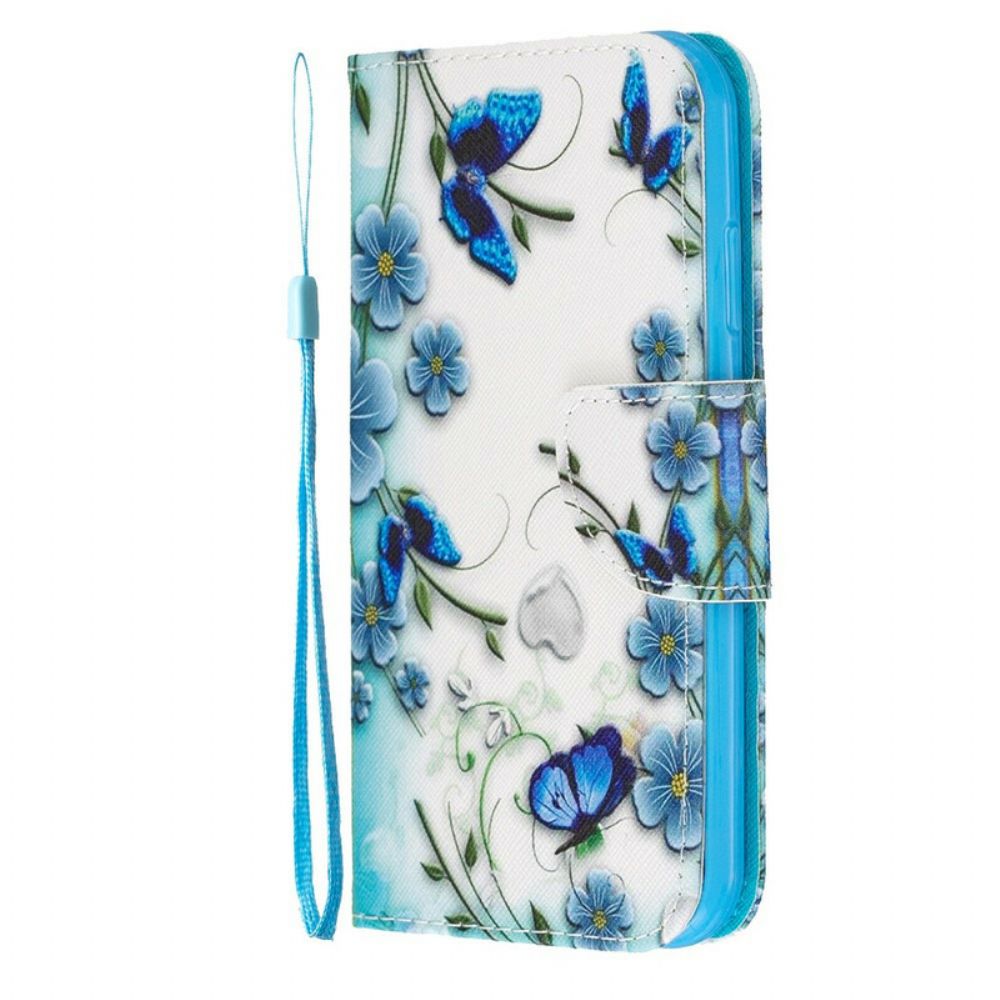 Folio-hoesje voor iPhone 11 Met Ketting Blauwe Vlinders En Bloemen Met Band