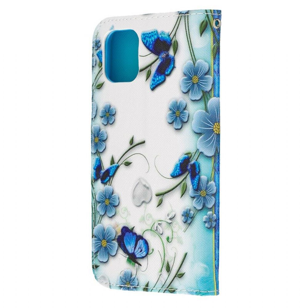 Folio-hoesje voor iPhone 11 Met Ketting Blauwe Vlinders En Bloemen Met Band