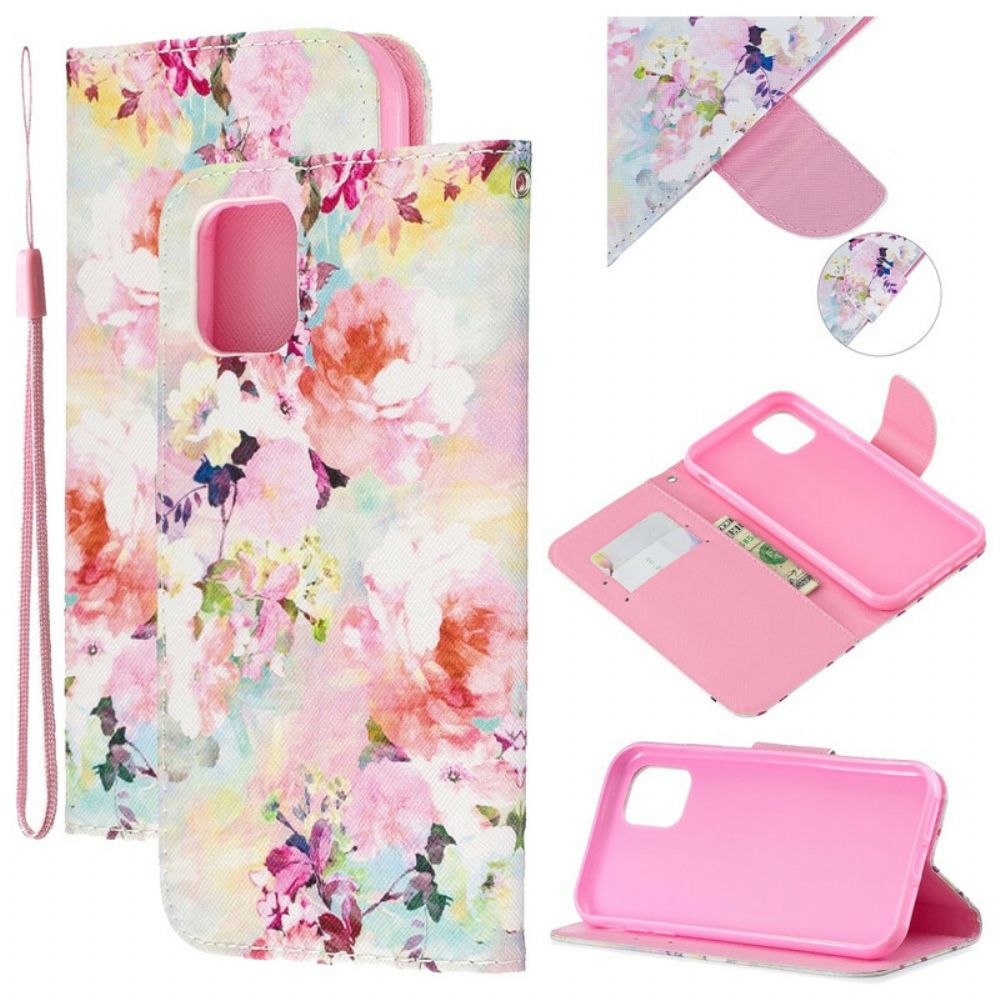 Leren Hoesje voor iPhone 11 Met Ketting Prachtige Band Bloemen