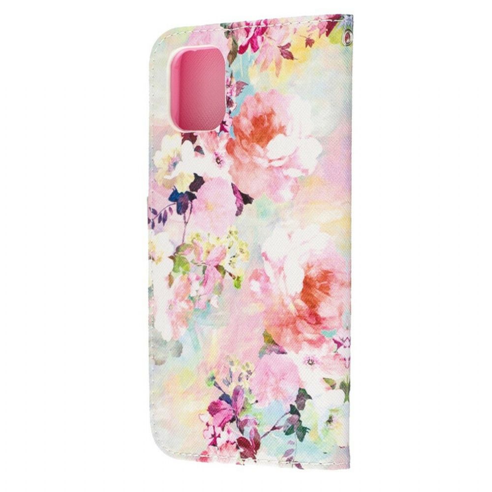 Leren Hoesje voor iPhone 11 Met Ketting Prachtige Band Bloemen