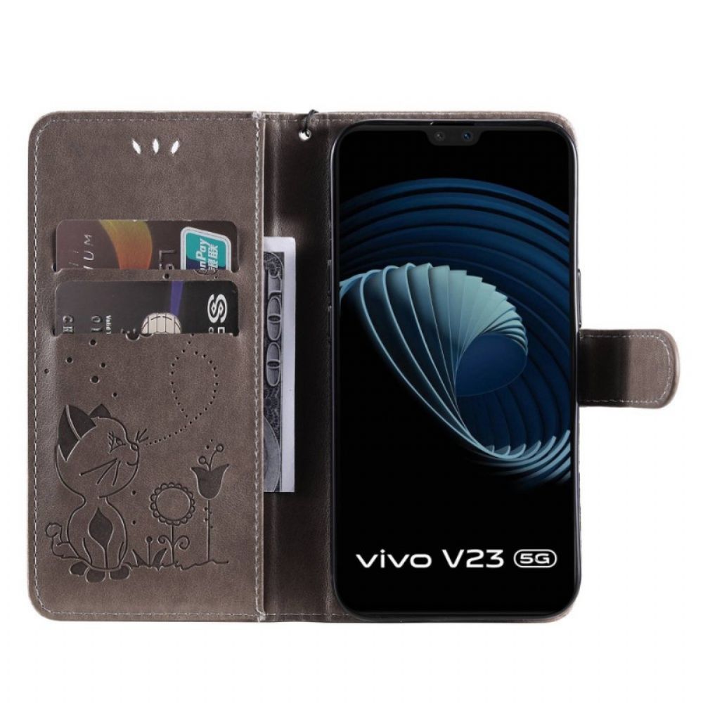 Folio-hoesje voor Vivo V23 5G Met Ketting Kat En Bijen In Riem