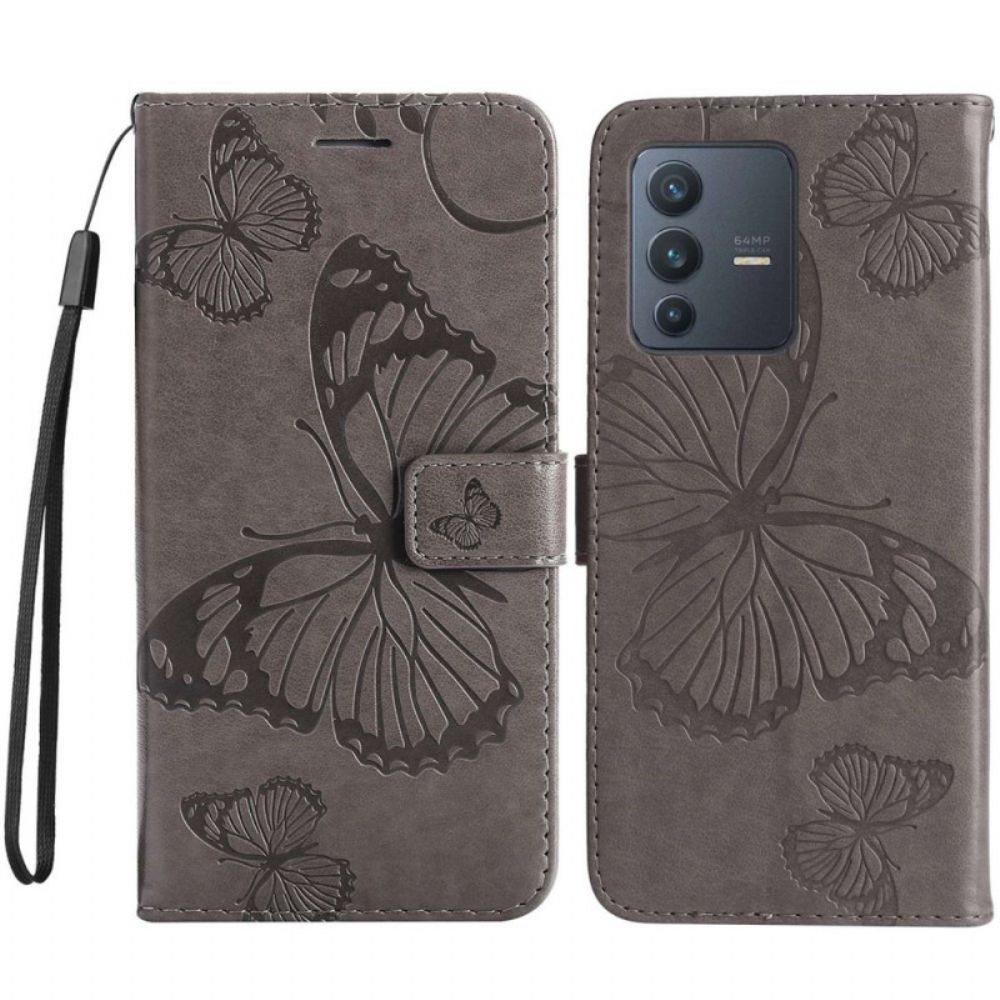 Folio-hoesje voor Vivo V23 5G Met Ketting Reusachtige Vlinders Met Bandjes