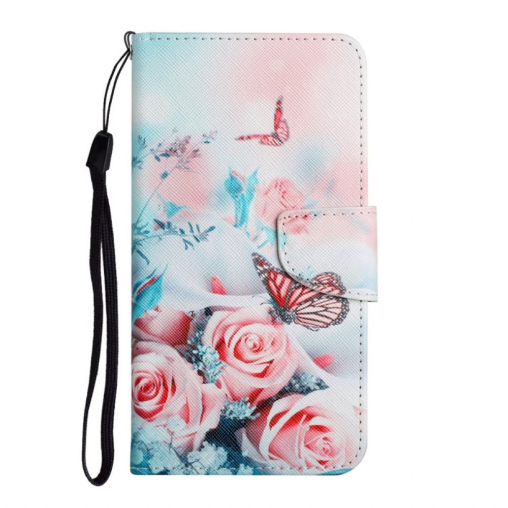 Flip Case voor Samsung Galaxy S22 Ultra 5G Boeket Bloemen En Vlinders