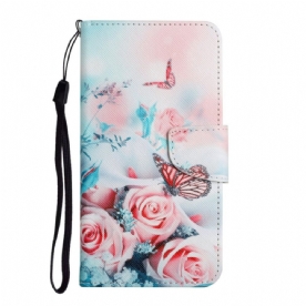 Flip Case voor Samsung Galaxy S22 Ultra 5G Boeket Bloemen En Vlinders