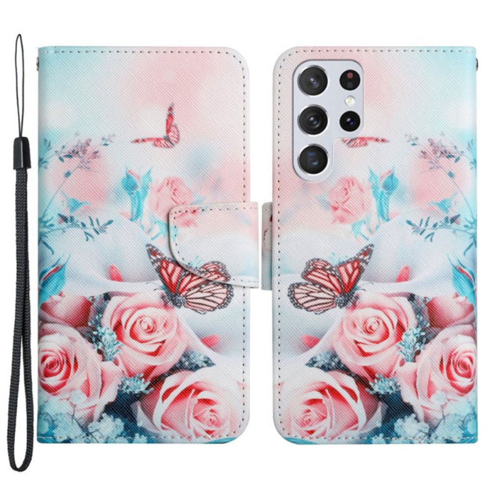 Flip Case voor Samsung Galaxy S22 Ultra 5G Boeket Bloemen En Vlinders