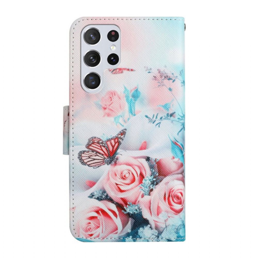 Flip Case voor Samsung Galaxy S22 Ultra 5G Boeket Bloemen En Vlinders