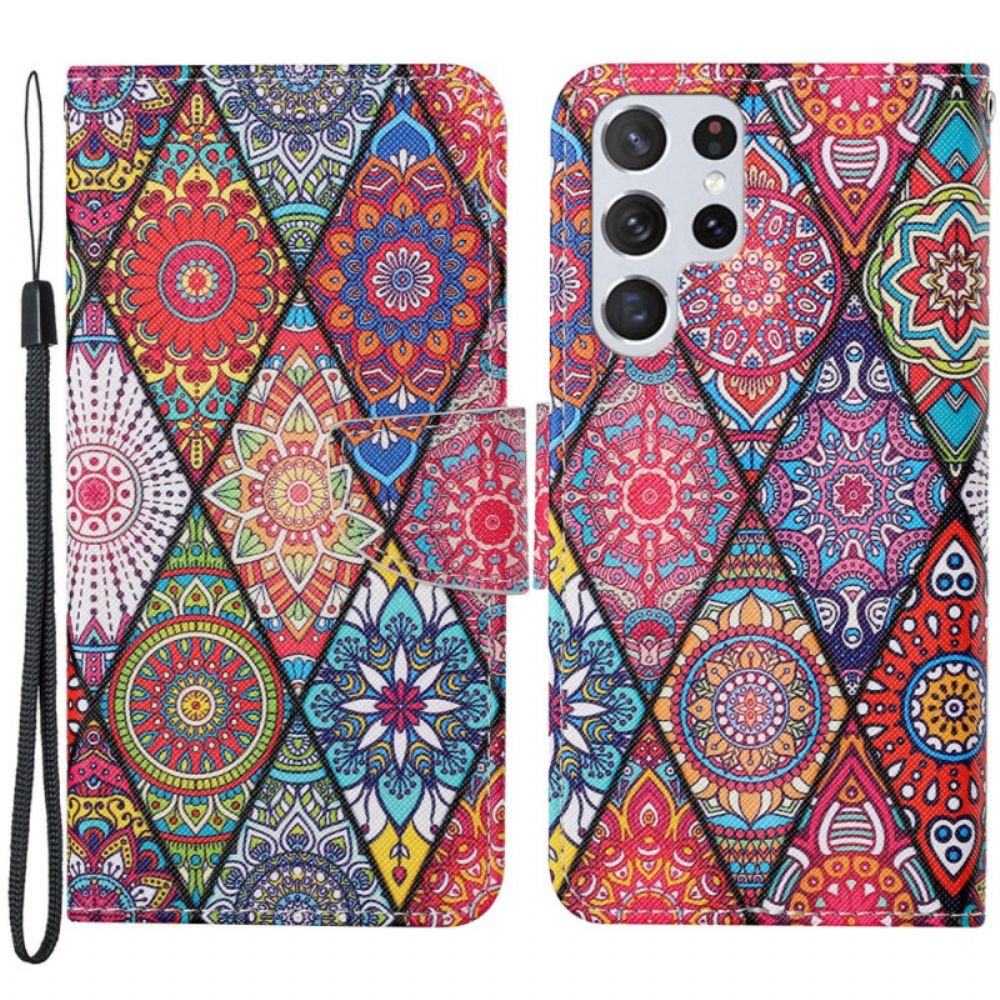 Flip Case voor Samsung Galaxy S22 Ultra 5G Patchwork Met Lanyard