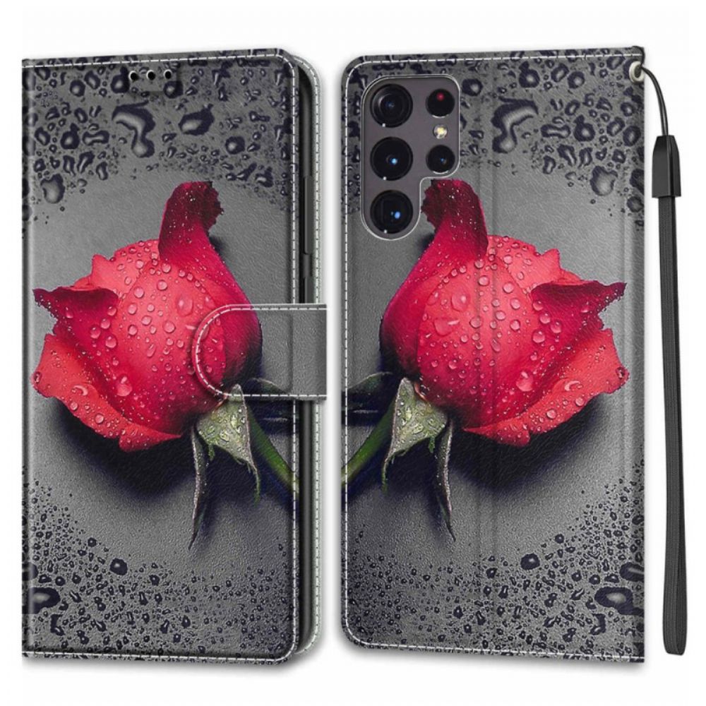 Flip Case voor Samsung Galaxy S22 Ultra 5G Rozen Met Riem