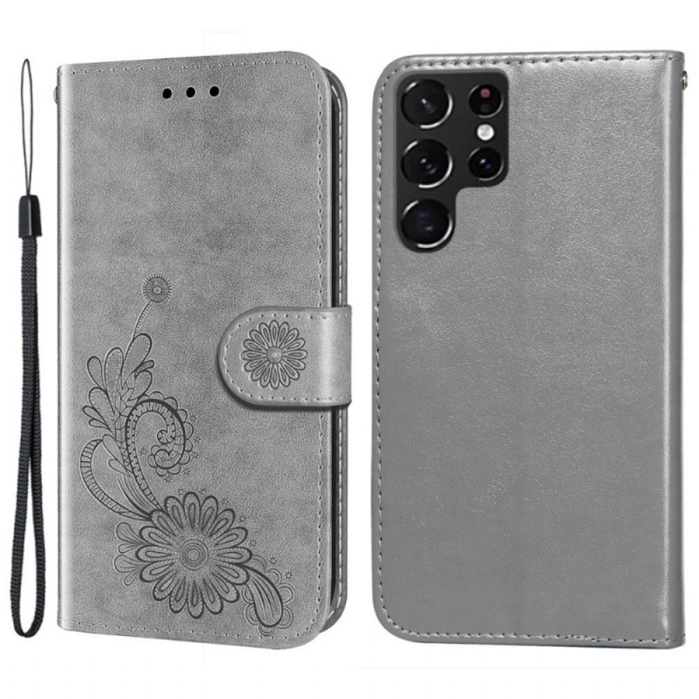 Folio-hoesje voor Samsung Galaxy S22 Ultra 5G Bloemen Ontwerp Met Lanyard