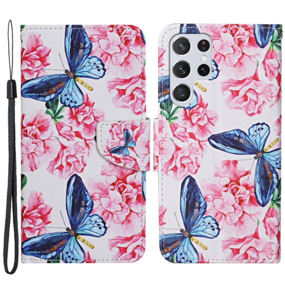 Folio-hoesje voor Samsung Galaxy S22 Ultra 5G Bloemen Vlinders Band