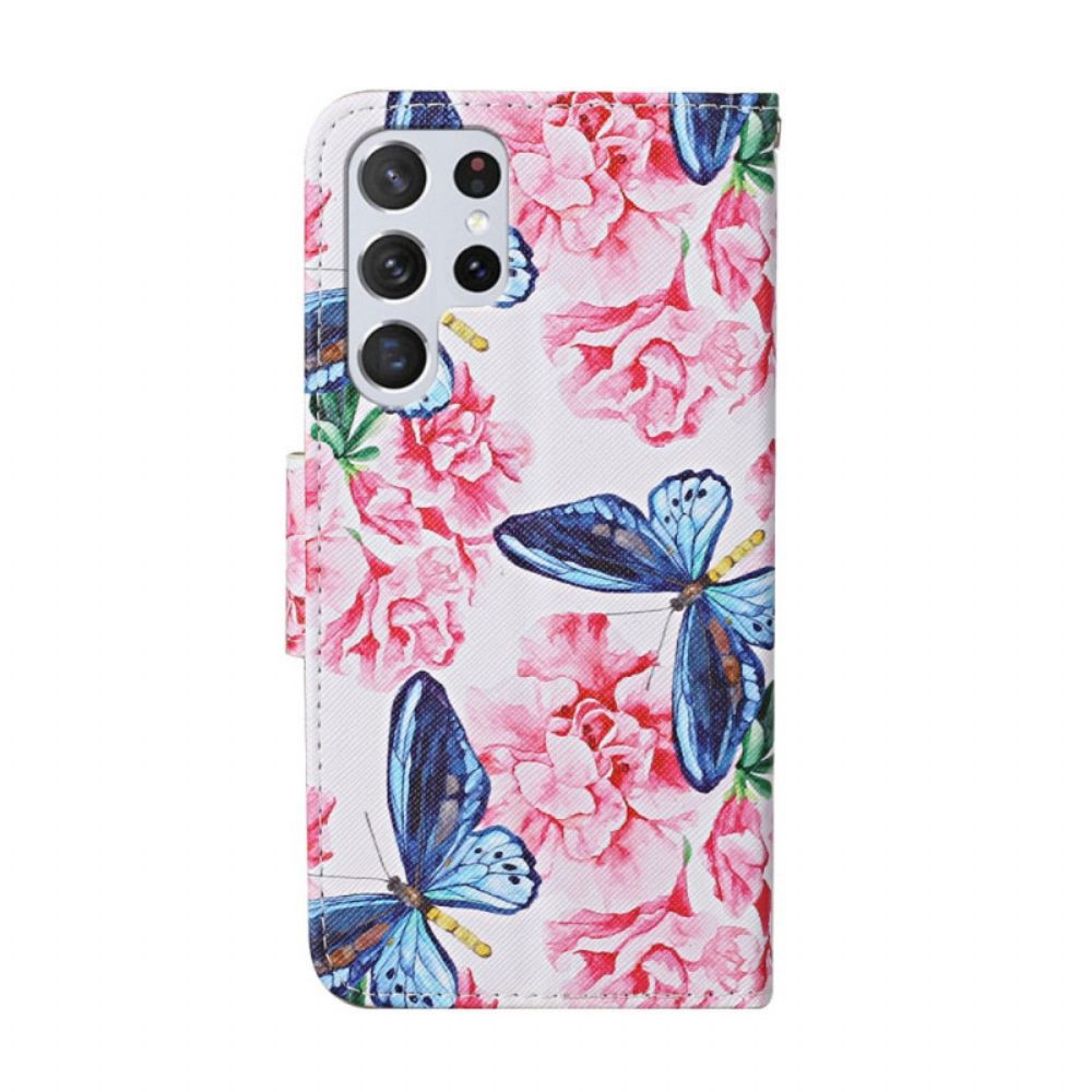 Folio-hoesje voor Samsung Galaxy S22 Ultra 5G Bloemen Vlinders Band