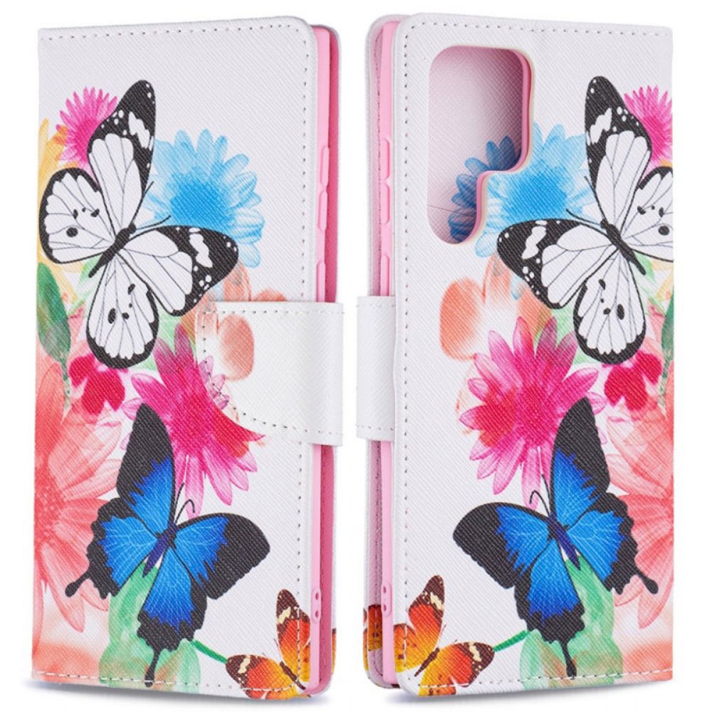 Folio-hoesje voor Samsung Galaxy S22 Ultra 5G Geschilderde Vlinders En Bloemen