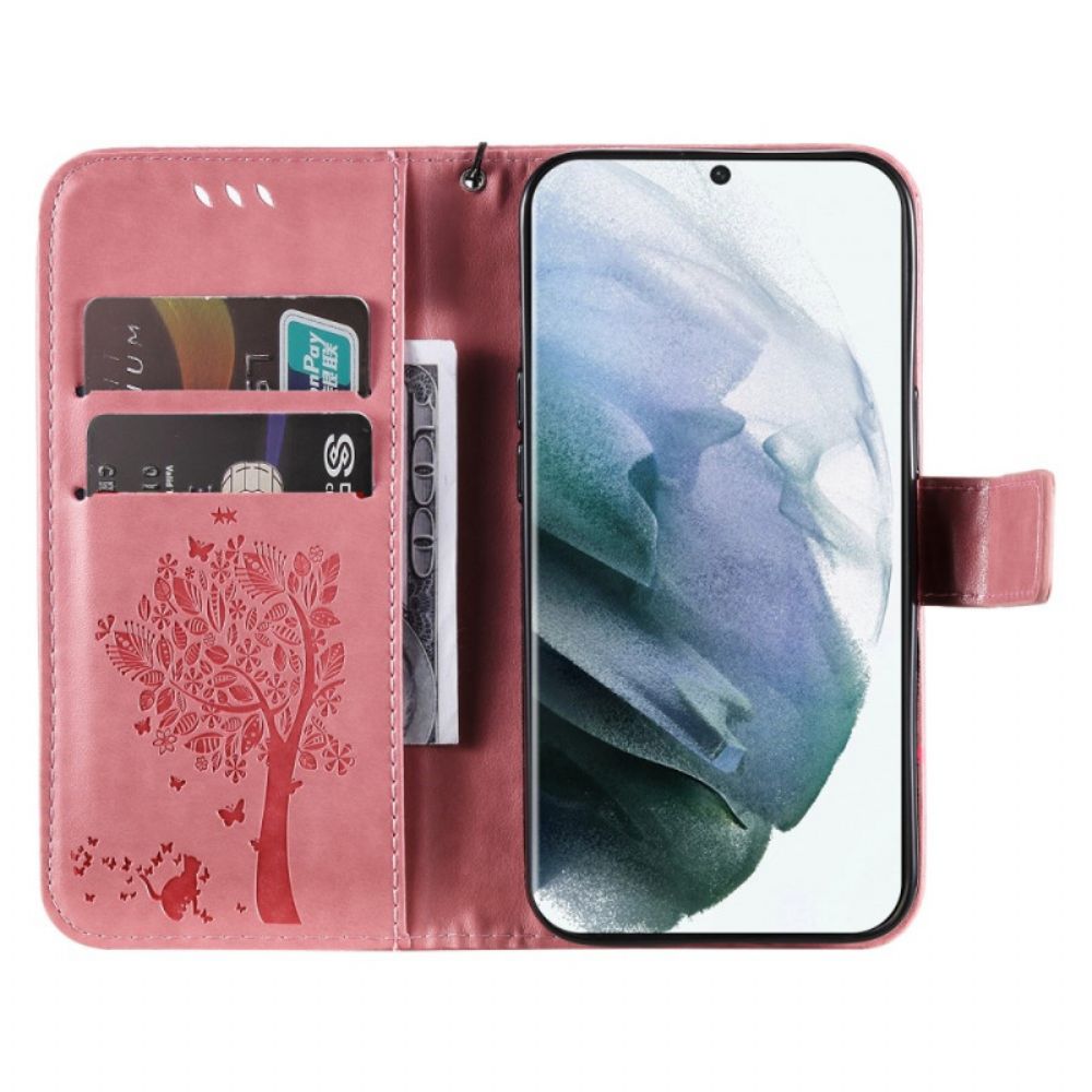 Folio-hoesje voor Samsung Galaxy S22 Ultra 5G Met Ketting Boom En Kat Met Bandjes