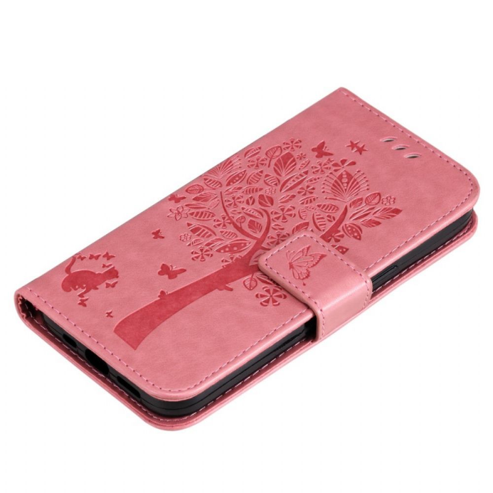 Folio-hoesje voor Samsung Galaxy S22 Ultra 5G Met Ketting Boom En Kat Met Bandjes