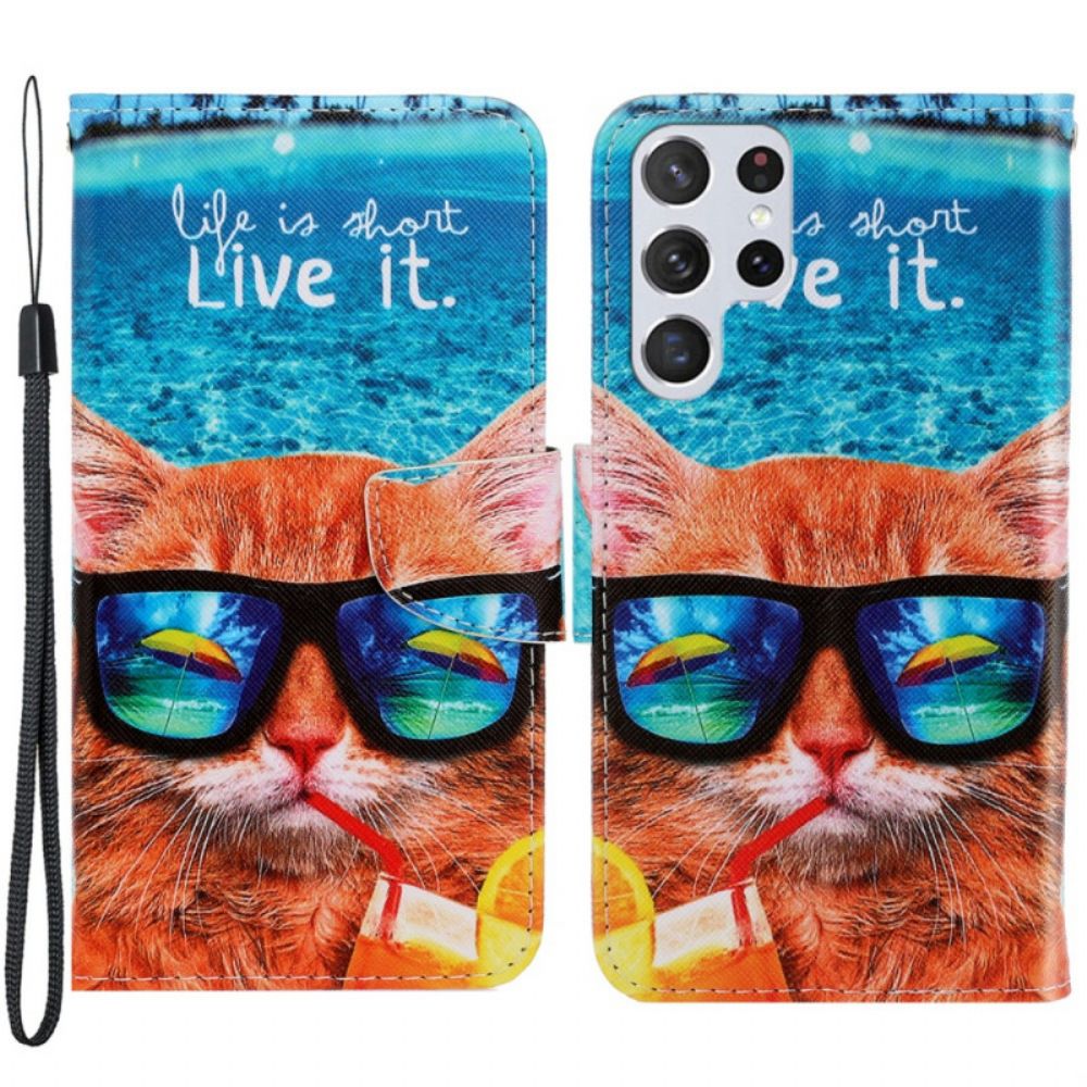 Folio-hoesje voor Samsung Galaxy S22 Ultra 5G Met Ketting Cat Live It Strappy