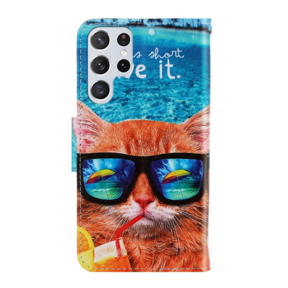 Folio-hoesje voor Samsung Galaxy S22 Ultra 5G Met Ketting Cat Live It Strappy