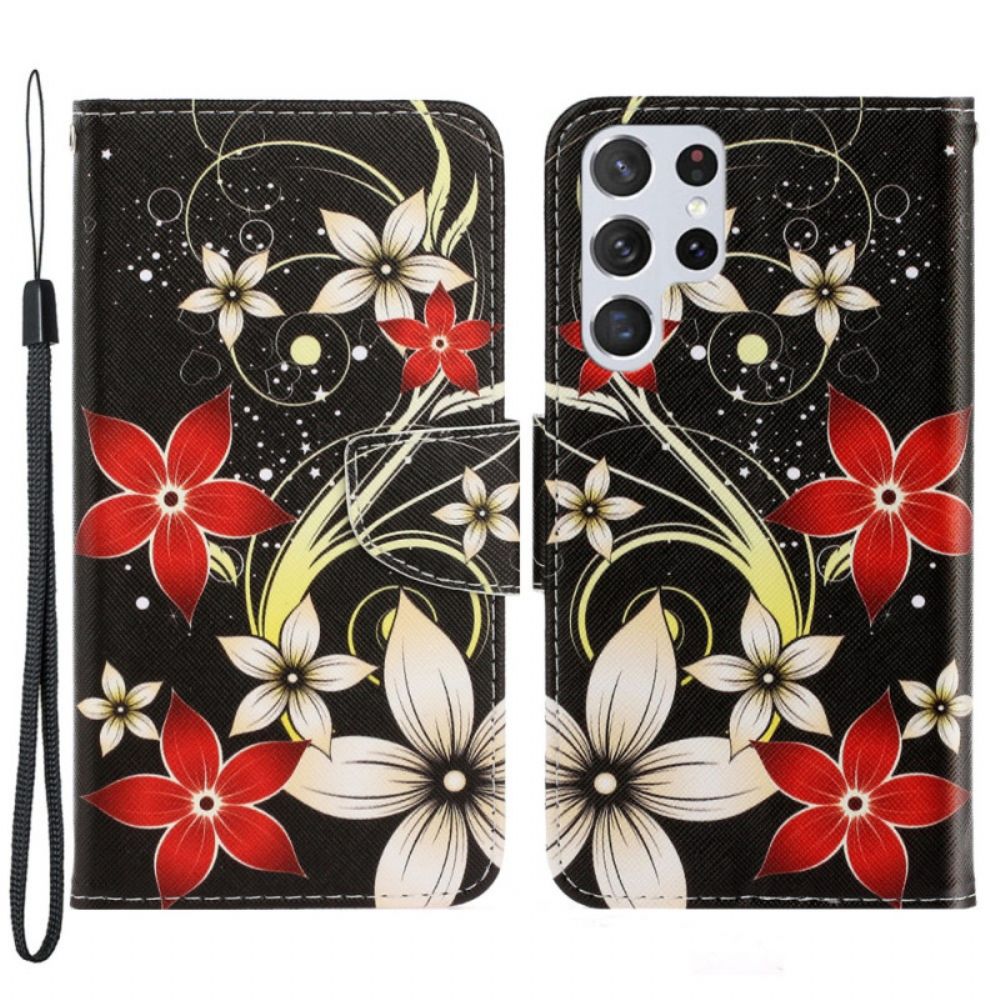 Folio-hoesje voor Samsung Galaxy S22 Ultra 5G Met Ketting Kleurrijke Band Bloemen