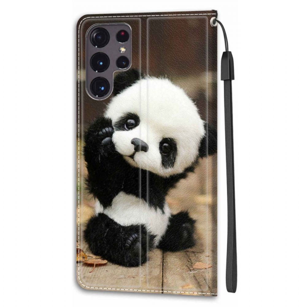 Folio-hoesje voor Samsung Galaxy S22 Ultra 5G Met Ketting Speel Kleine Panda Met Riem