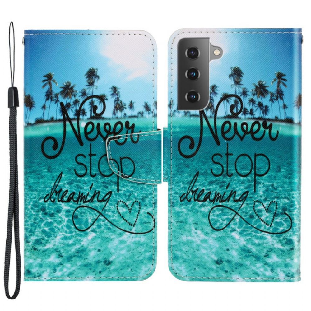 Folio-hoesje voor Samsung Galaxy S22 Ultra 5G Met Ketting Stop Nooit Met Dromen Marineblauwe Strappy