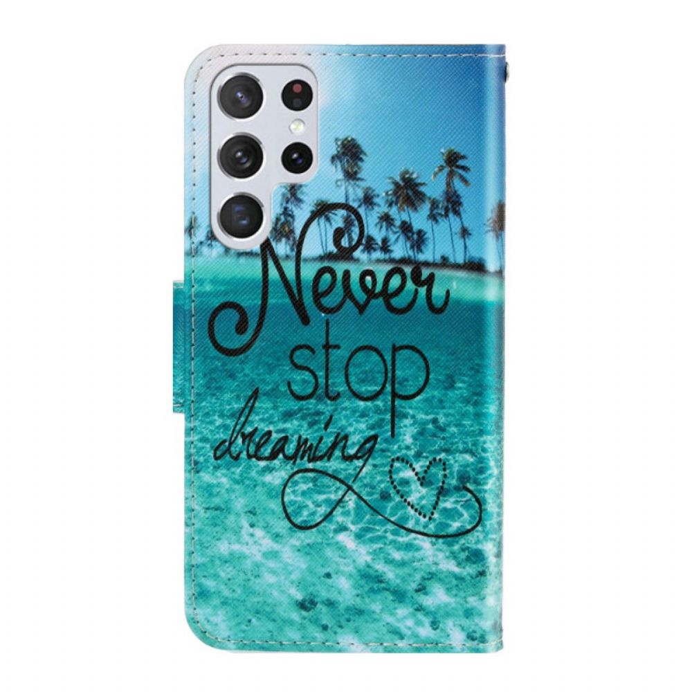 Folio-hoesje voor Samsung Galaxy S22 Ultra 5G Met Ketting Stop Nooit Met Dromen Marineblauwe Strappy