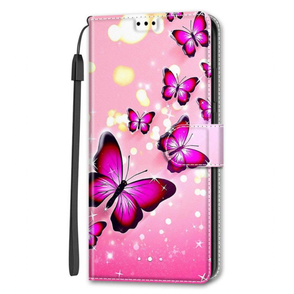 Folio-hoesje voor Samsung Galaxy S22 Ultra 5G Met Ketting Thong Vlinders Fan