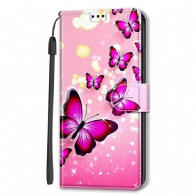 Folio-hoesje voor Samsung Galaxy S22 Ultra 5G Met Ketting Thong Vlinders Fan