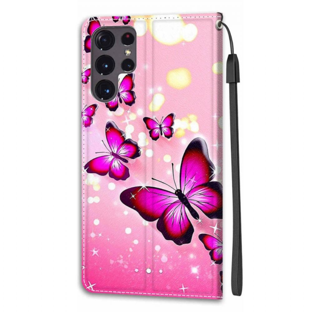 Folio-hoesje voor Samsung Galaxy S22 Ultra 5G Met Ketting Thong Vlinders Fan