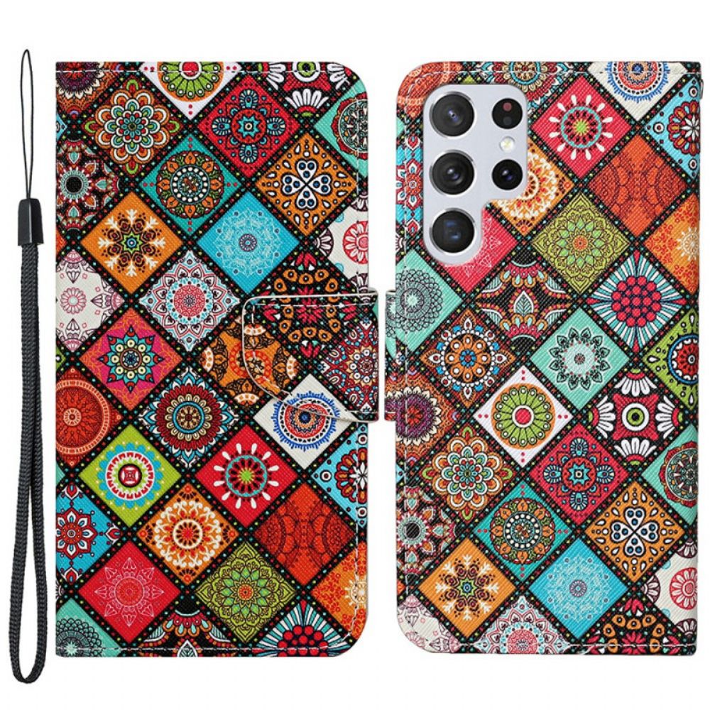 Folio-hoesje voor Samsung Galaxy S22 Ultra 5G Patchwork-mandala's Met Koord