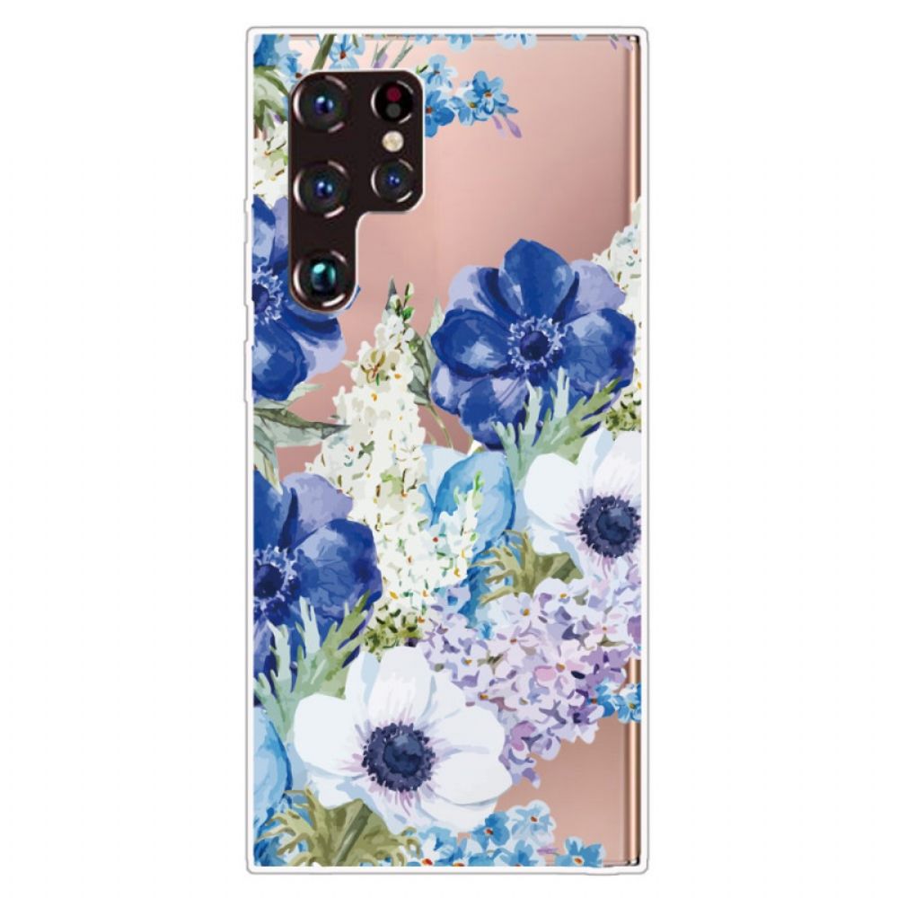 Hoesje voor Samsung Galaxy S22 Ultra 5G Aquarel Blauwe Bloemen