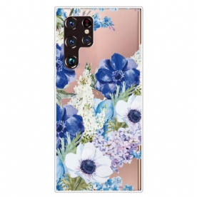 Hoesje voor Samsung Galaxy S22 Ultra 5G Aquarel Blauwe Bloemen