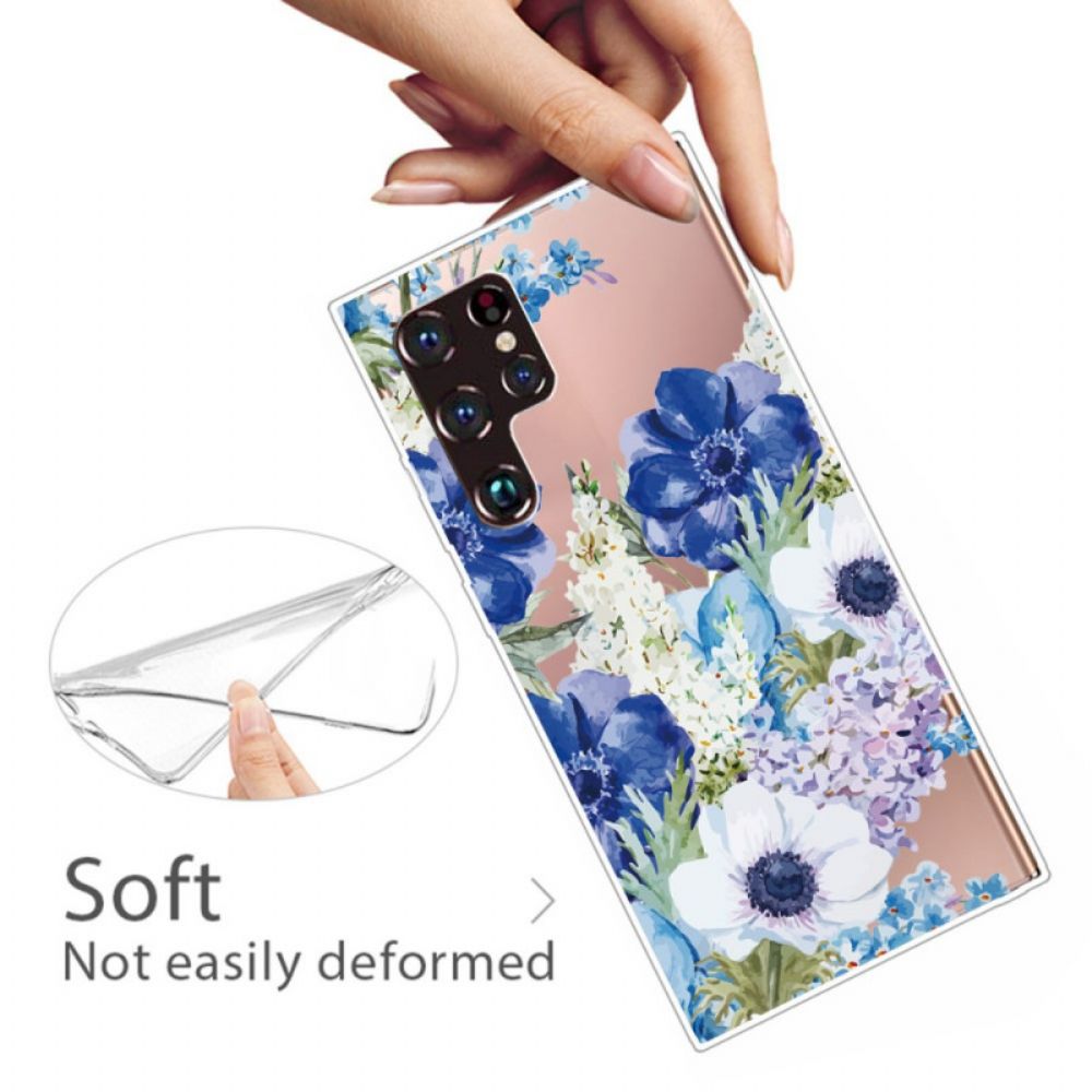 Hoesje voor Samsung Galaxy S22 Ultra 5G Aquarel Blauwe Bloemen