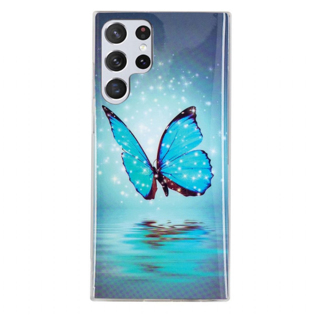 Hoesje voor Samsung Galaxy S22 Ultra 5G Fluorescerende Blauwe Vlinders