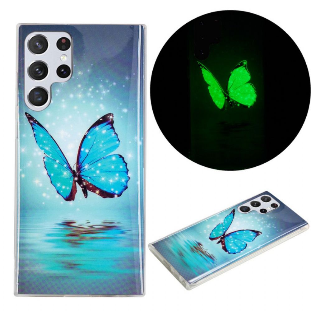 Hoesje voor Samsung Galaxy S22 Ultra 5G Fluorescerende Blauwe Vlinders