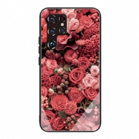 Hoesje voor Samsung Galaxy S22 Ultra 5G Gehard Glas Roze Bloemen