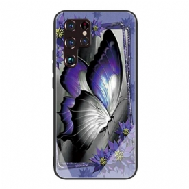 Hoesje voor Samsung Galaxy S22 Ultra 5G Paarse Vlinder Gehard Glas