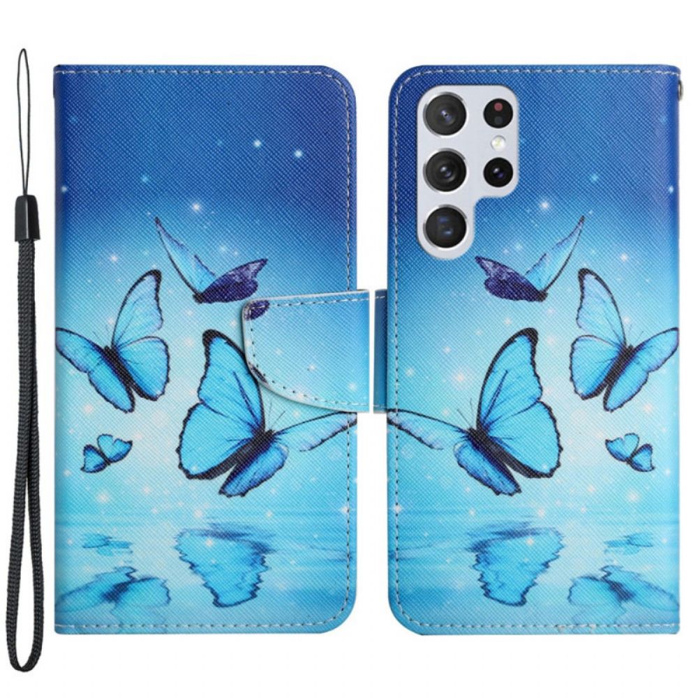 Leren Hoesje voor Samsung Galaxy S22 Ultra 5G Blauwe Vlinders