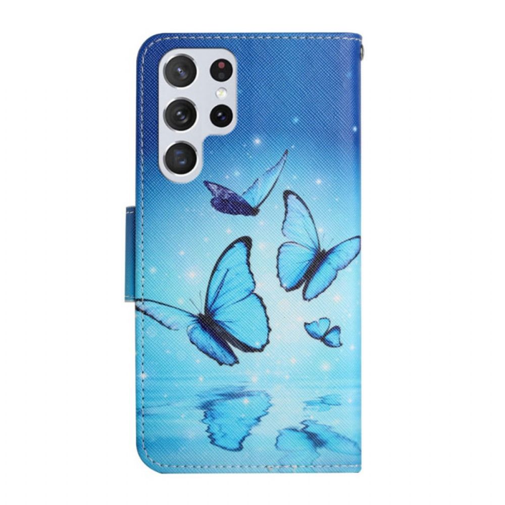 Leren Hoesje voor Samsung Galaxy S22 Ultra 5G Blauwe Vlinders