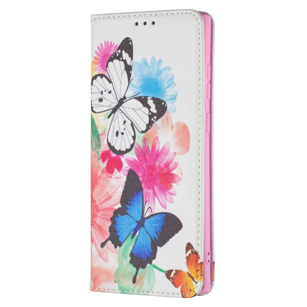 Leren Hoesje voor Samsung Galaxy S22 Ultra 5G Geschilderde Vlinders En Bloemen