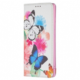 Leren Hoesje voor Samsung Galaxy S22 Ultra 5G Geschilderde Vlinders En Bloemen